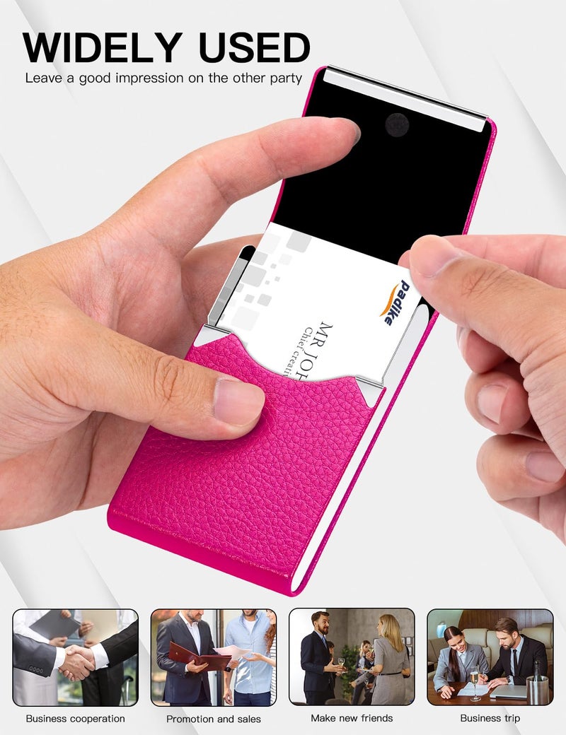 Padike PU Leather Business Card Holder for Women Professional Business Name Card Holder Stainless Steel Business Card Case with Magnetic Shut (Rose red) - Image 5